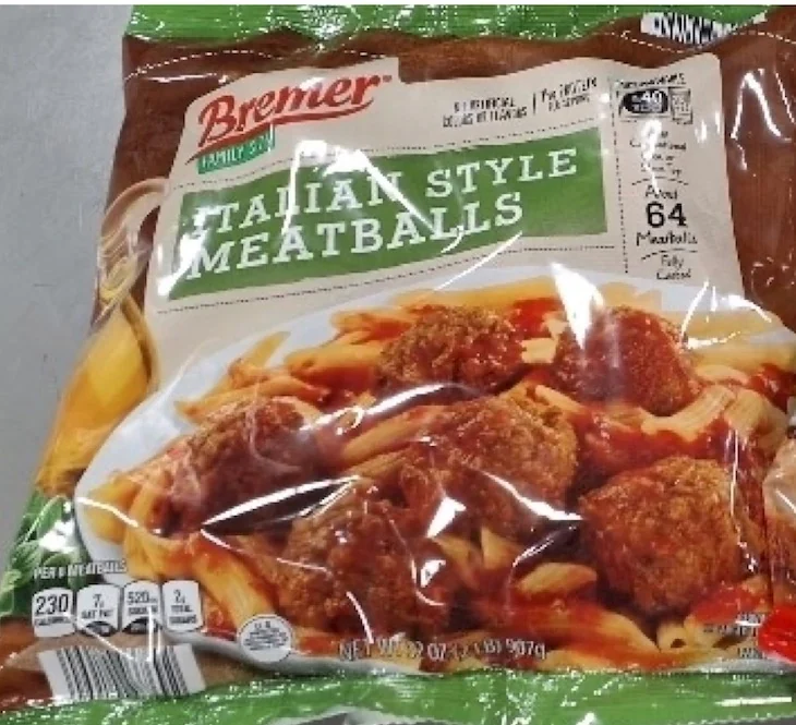 Bremer Family Size Italian Style Meatballs package label used to match the 2026 ALDI recall