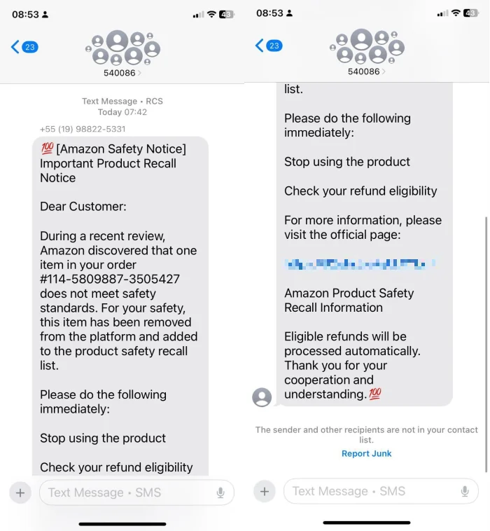 Screenshot of a fake Amazon safety notice text offering recall refund eligibility through a link