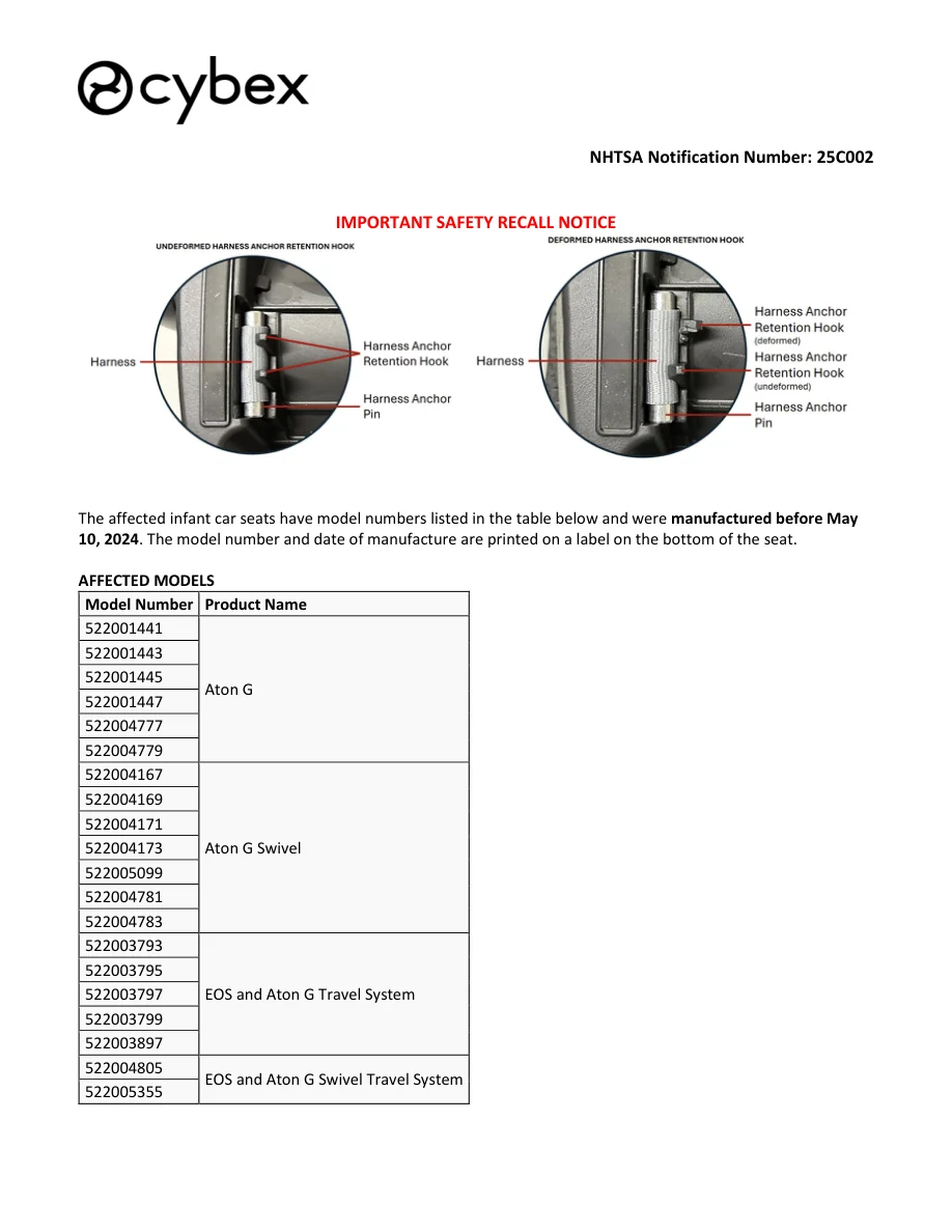 NHTSA child car seat recall notice showing affected model numbers and the model and manufacture date label guidance