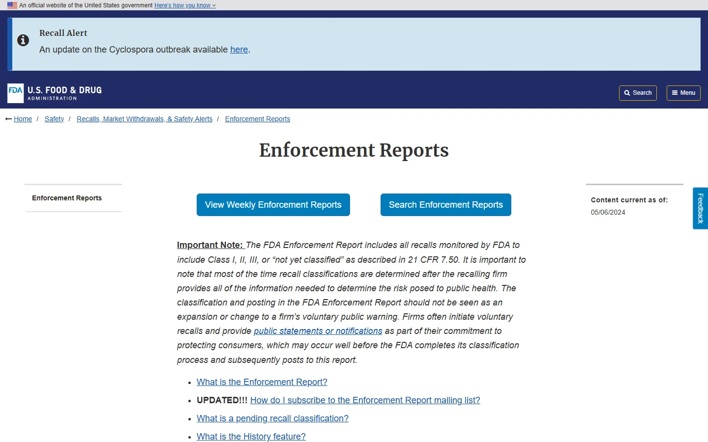 FDA Enforcement Reports page explaining classified and not-yet-classified recalls