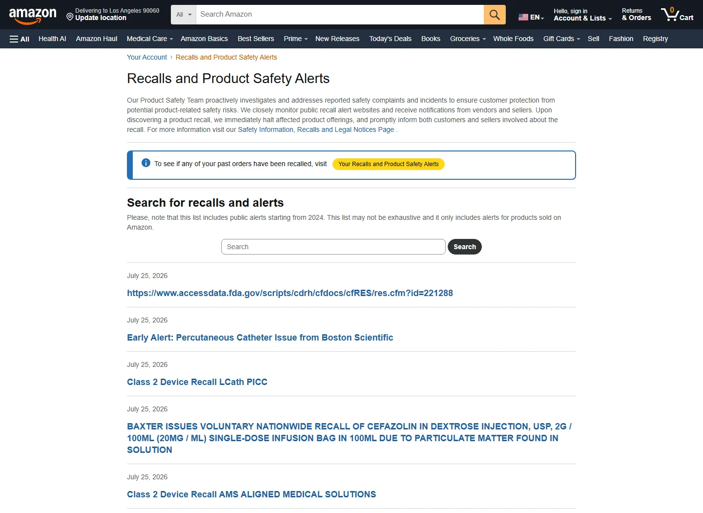 Official Amazon product safety and recall alerts page used to search public notices