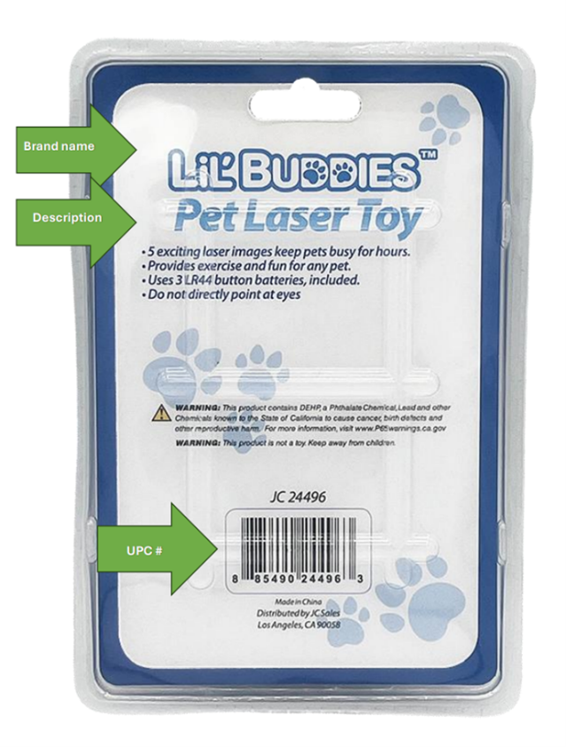 Recalled LiL'BUDDIES Pet Laser Toy (back of the package)