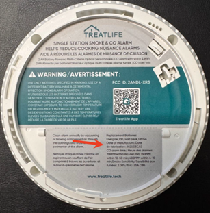 The location of the manufacture date on the back of the Smoke and Carbon Monoxide (CO) Detector