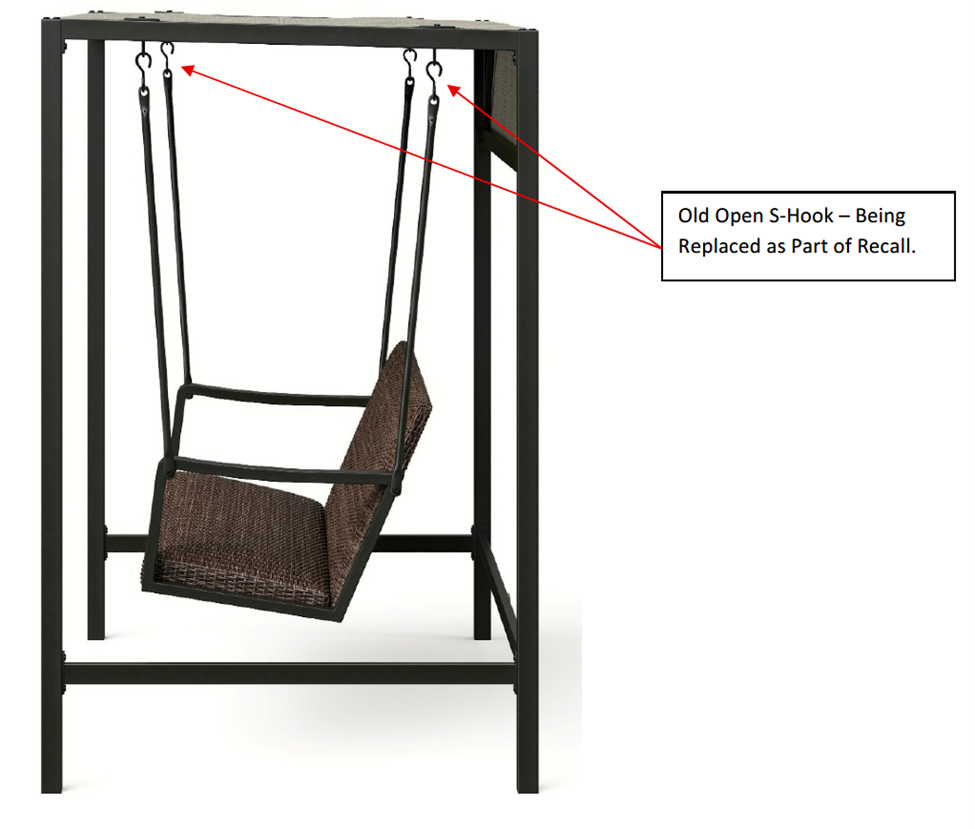 Recalled Agio Menlo Woven Patio Swing (Model No. 1934256) showing old S-hooks