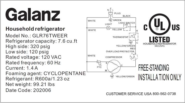 Model numbers BCD-215V-62H, GLR76TRDER, GLR76TBKER, GLR76TBEER or GLR76TWEER followed by the date code, in YYYYMM format, are printed on label on the back of the Galanz refrigerators. Only refrigerators with date codes ranging from December 2018 through December 2020 are included in this recal