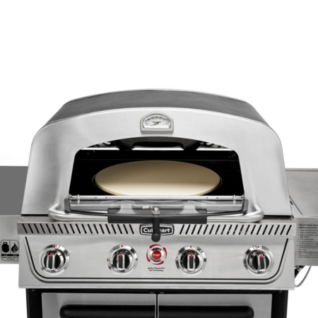 A close up of the pizza oven featured in the recalled grill, with the glass window open