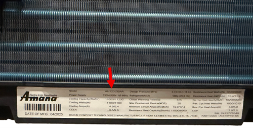 Model AH123J35AA label example