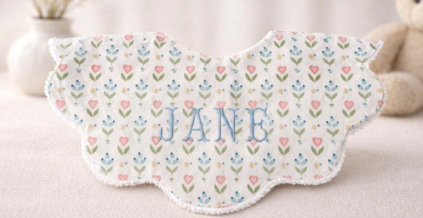Recalled bib with heart tulip print