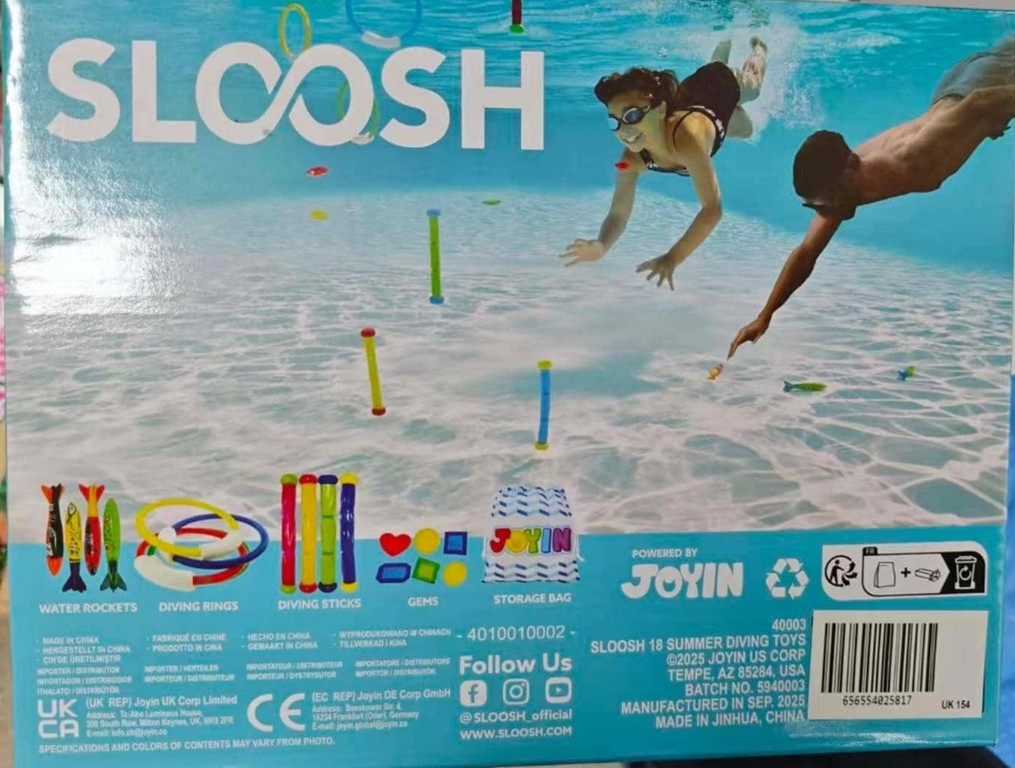 Recalled Sloosh Dive Sticks, Model 40003 (back of box)