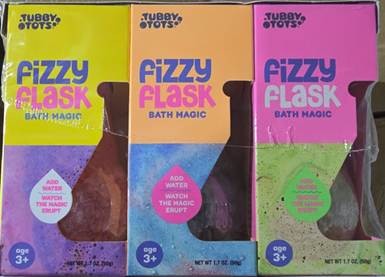 Recalled Tubby Tots Fizzy Flask Bath Magic bath foam set – Front view