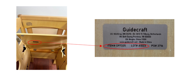 Recalled Guidecraft Kitchen Helper – location of information sticker on the bottom of the platform