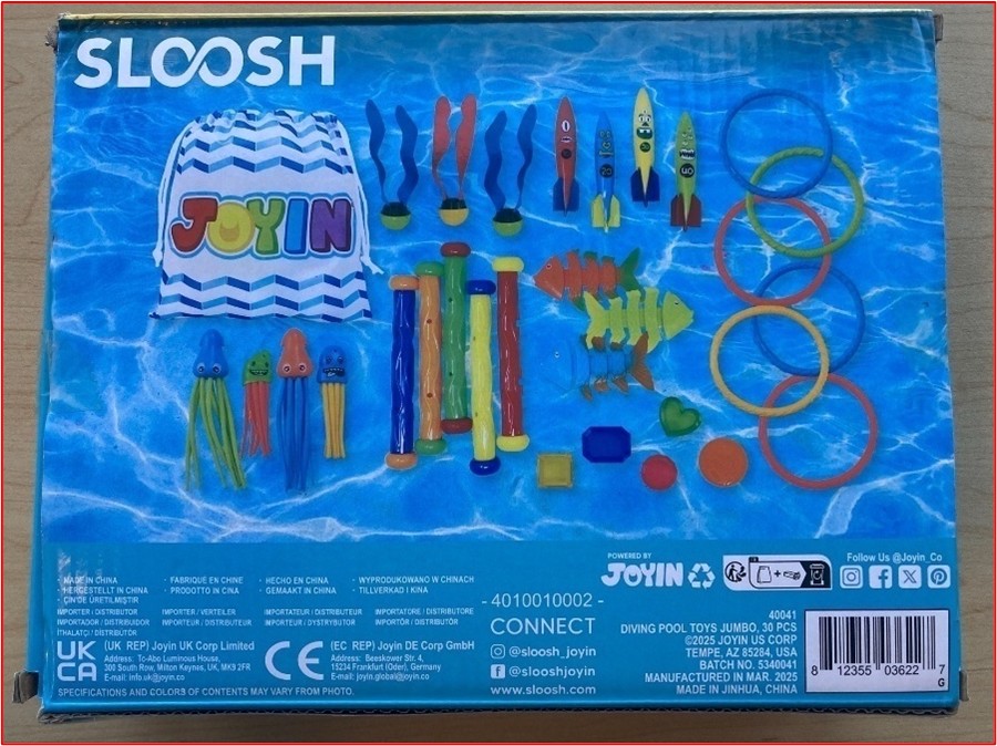 Recalled Sloosh Dive Sticks, Model 40041 (back of box)